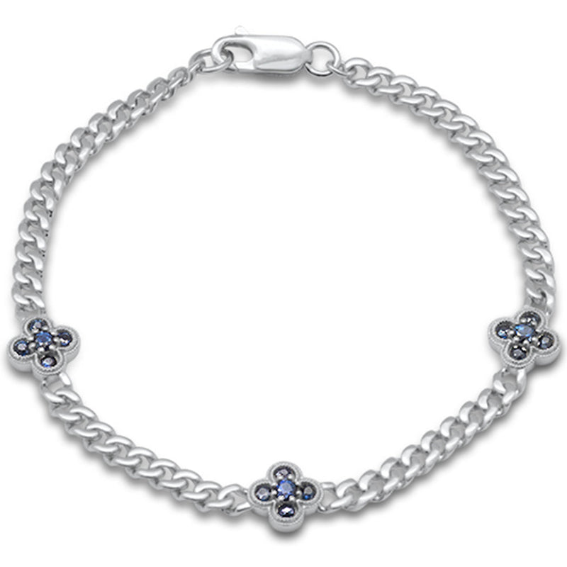 SPECIAL!  .70ct G SI 14K White Gold Blue Sapphire Gemstone Flower Cuban Bracelet 7" Long