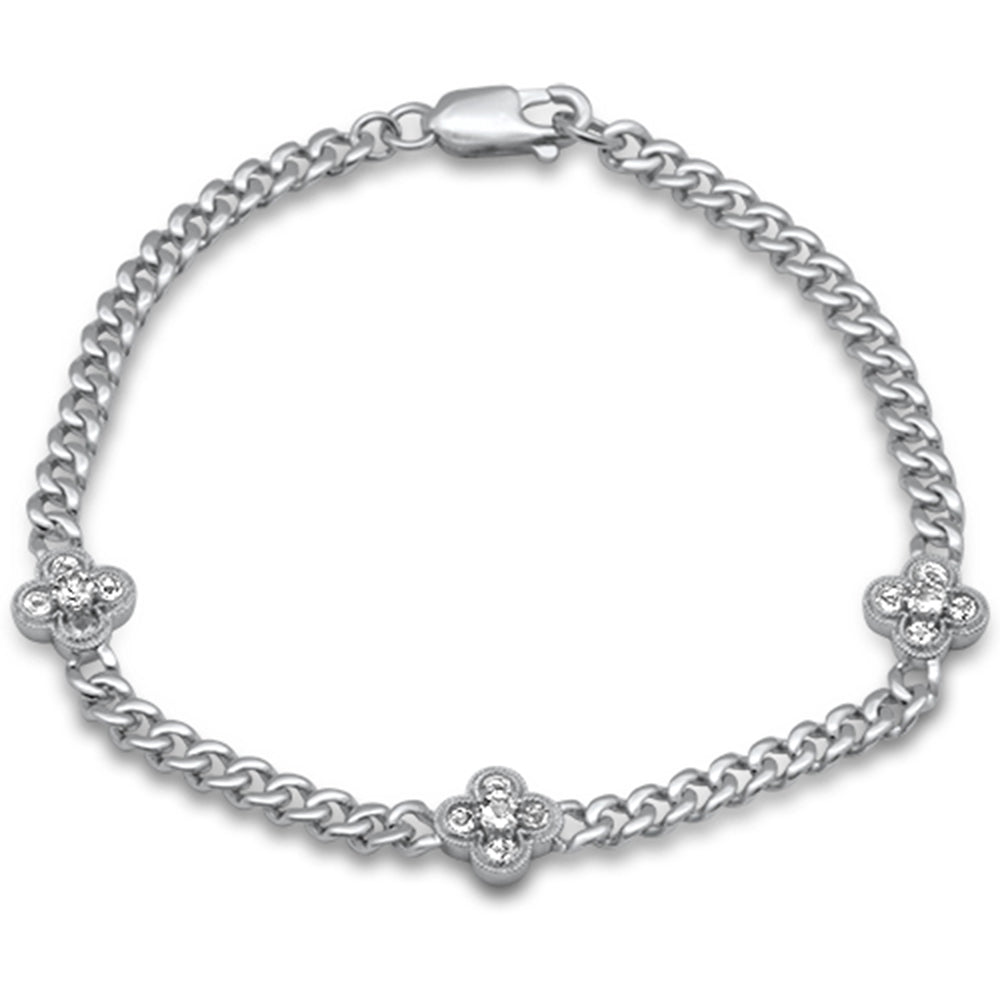 SPECIAL!  .59ct G SI 14K White Gold Aquamarine Gemstone Flower Cuban Bracelet 7" Long