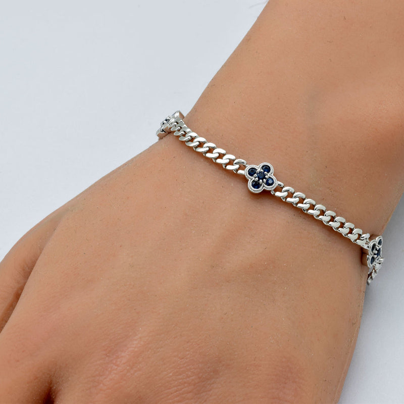 SPECIAL!  .70ct G SI 14K White Gold Blue Sapphire Gemstone Flower Cuban Bracelet 7" Long