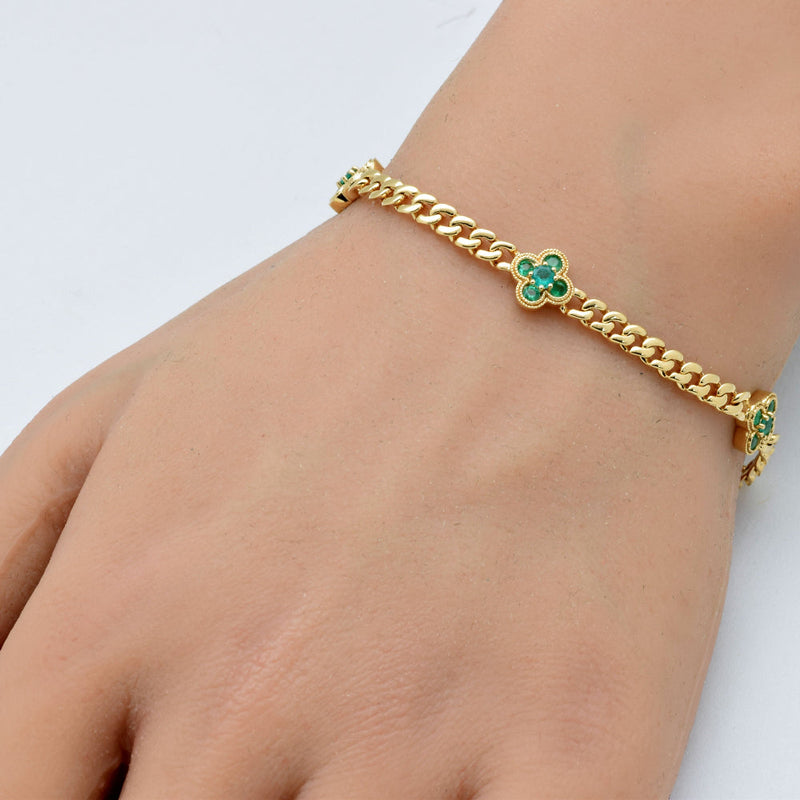 SPECIAL!  .52ct G SI 14K Yellow Gold Emerald Gemstone Flower Cuban Bracelet 7" Long