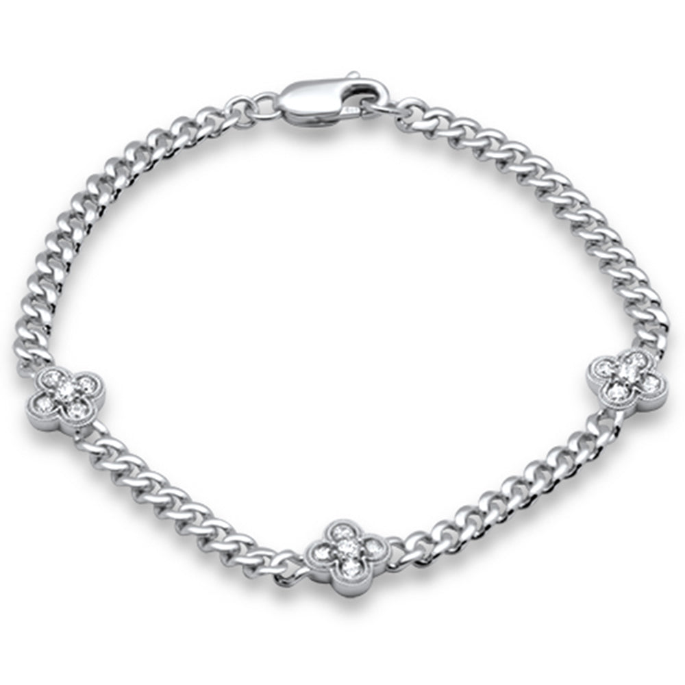 SPECIAL! .59ct G SI 14K White Gold Diamond Cuban Chain Flower Bracelet 7" Long