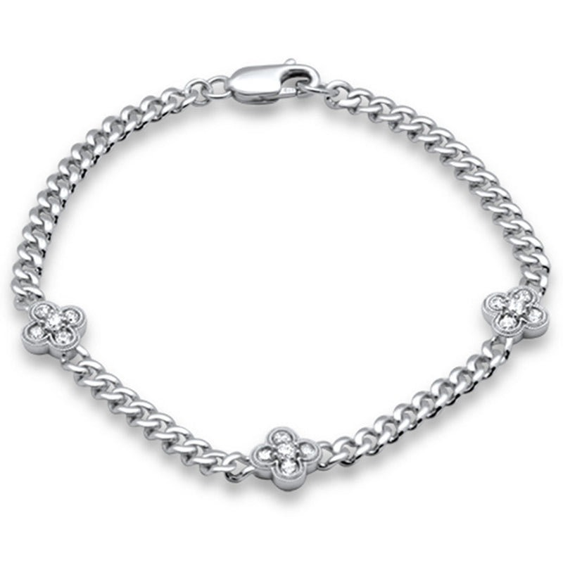 SPECIAL! .59ct G SI 14K White Gold Diamond Cuban Chain Flower Bracelet 7" Long