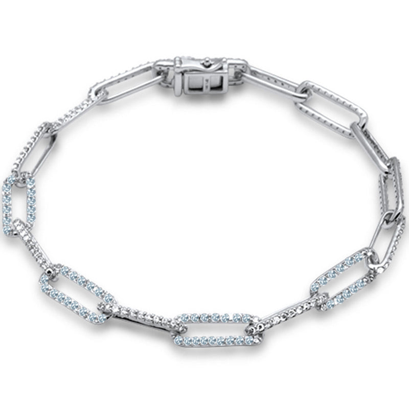 SPECIAL! 1.42ct G SI 14K White Gold Diamond & Aquamarine Gemstone Paper Clip Bracelet 7" Long