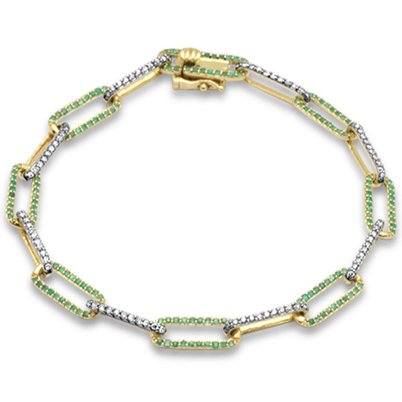DIAMOND CLOSEOUT!  1.36ct G SI 14K Yellow Gold Diamond & Emerald Gemstone Paper Clip Link Bracelet 7" Long