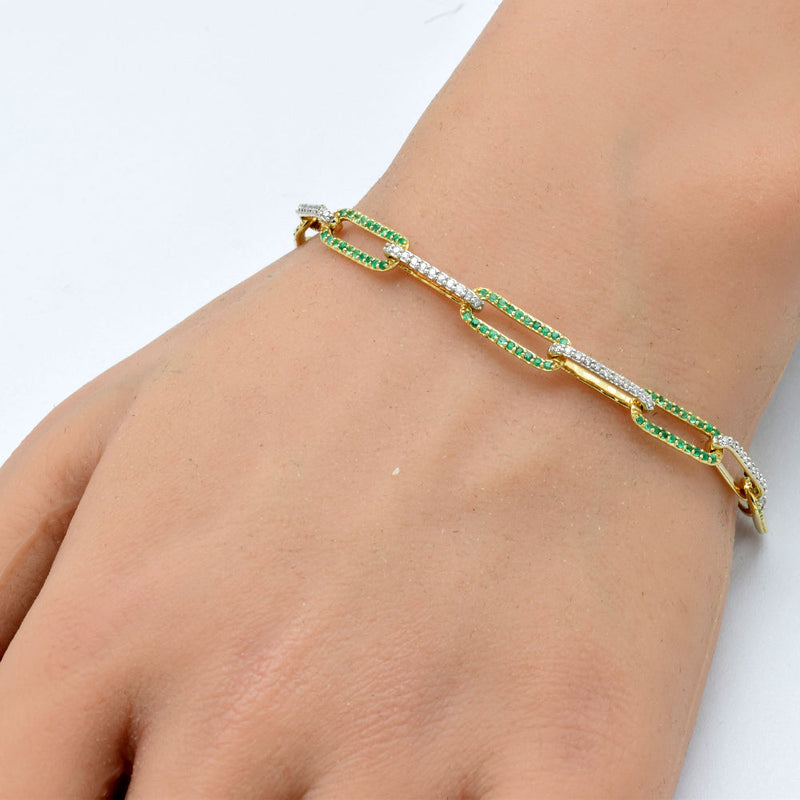 DIAMOND CLOSEOUT!  1.36ct G SI 14K Yellow Gold Diamond & Emerald Gemstone Paper Clip Link Bracelet 7" Long