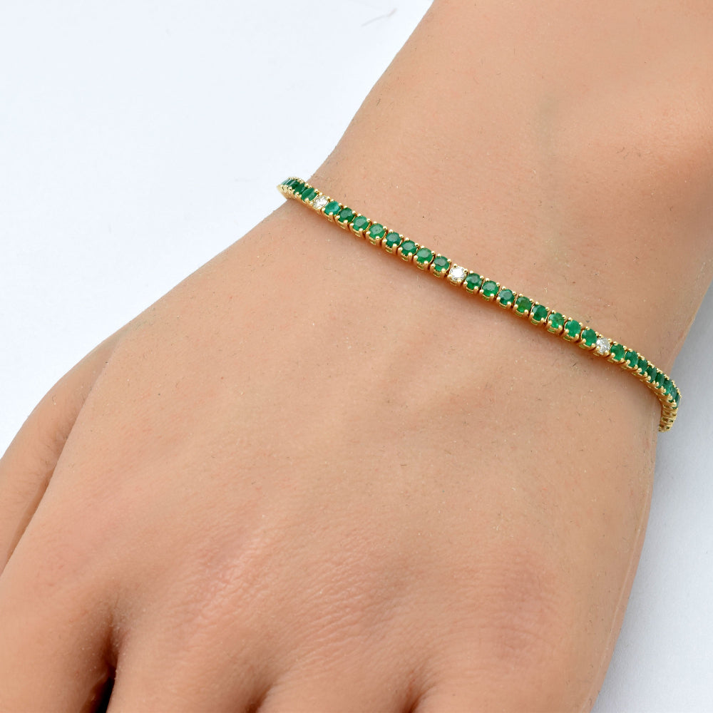 SPECIAL!2.67ct G SI 14K Yellow Gold Diamond & Green Emerald Tennis Bracelet 7" Long