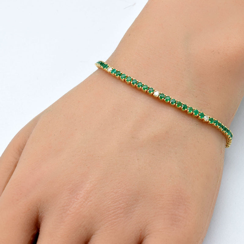 SPECIAL!2.67ct G SI 14K Yellow Gold Diamond & Green Emerald Tennis Bracelet 7" Long