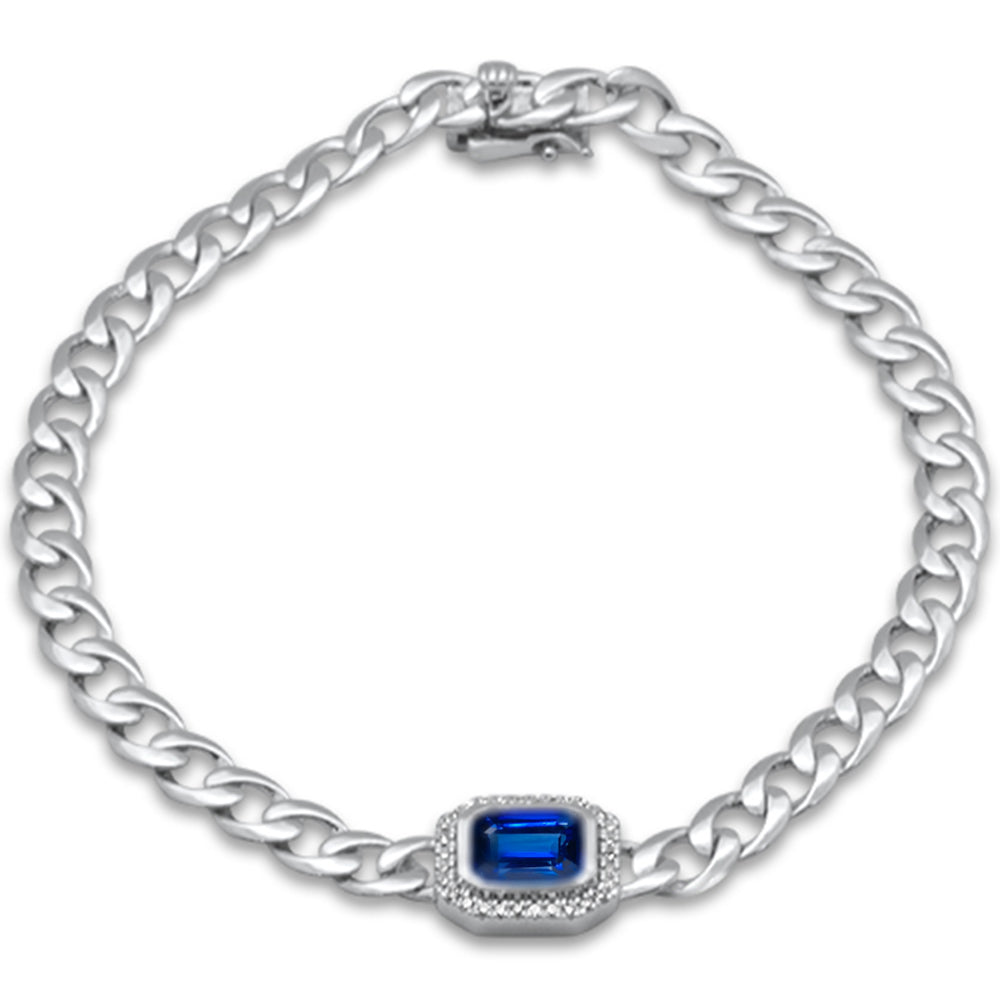 GEMSTONE CLOSEOUT!  1.43ct G SI 14K White Gold Diamond & Blue Sapphire Cuban Bracelet 7" Long
