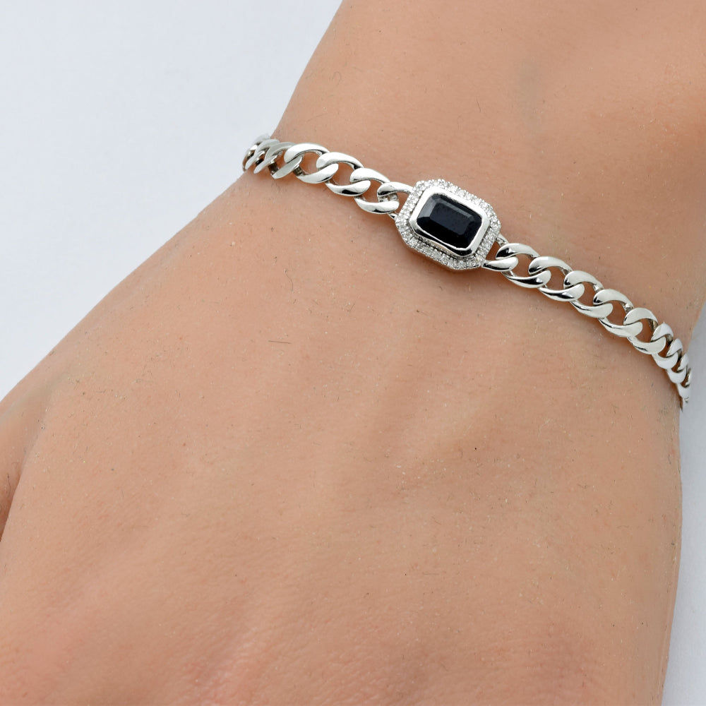 GEMSTONE CLOSEOUT!  1.43ct G SI 14K White Gold Diamond & Blue Sapphire Cuban Bracelet 7" Long
