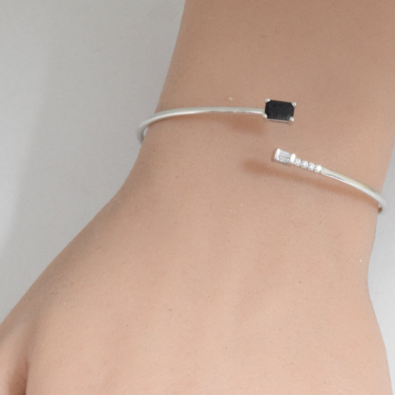 SPECIAL! .74ct G SI 14K White Gold Diamond & Blue Sapphire Gemstones Open Bangle Bracelet 56mm