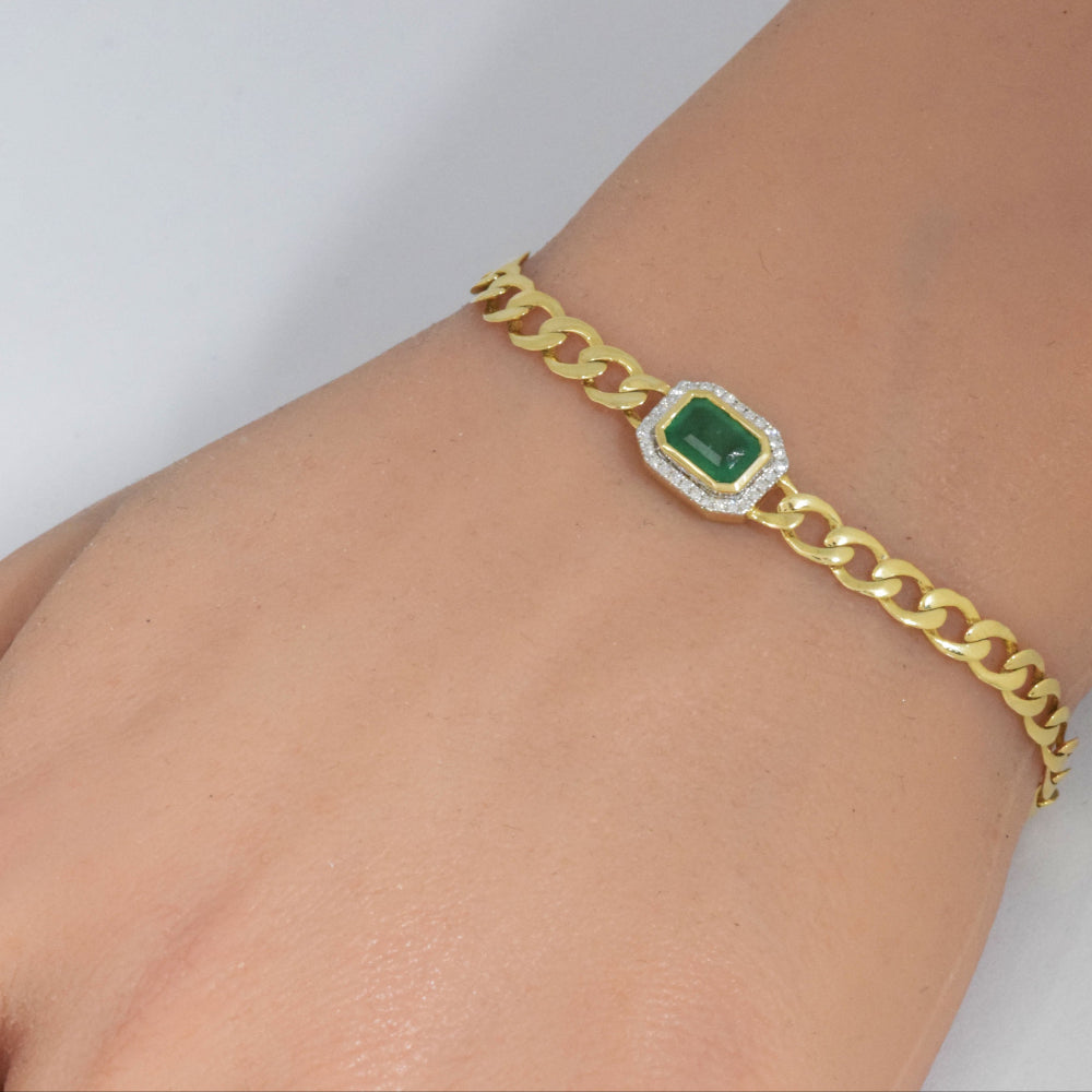 SPECIAL! 2.04ct G SI 14K Yellow Gold Diamonds & Emerald Gemstones Cuban Bracelet 7" Long