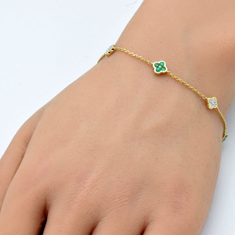 SPECIAL!.43ct G SI 14K Yellow Gold Diamond & Emerald Gemstone Flower Chain Bracelet 7" Long
