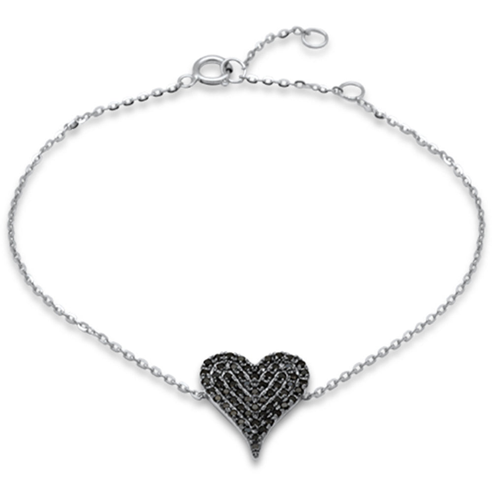 .41ct G SI 14K White Gold Black Diamond Heart Chain Bracelet 7" Long
