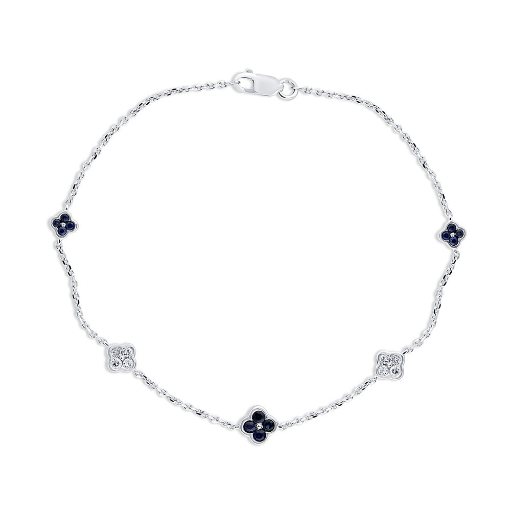 SPECIAL! .52ct G SI 14K White Gold Diamond & Blue Sapphire Gemstones Flower Bracelet 7" Long