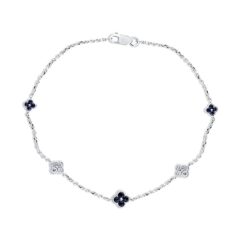 SPECIAL! .52ct G SI 14K White Gold Diamond & Blue Sapphire Gemstones Flower Bracelet 7" Long