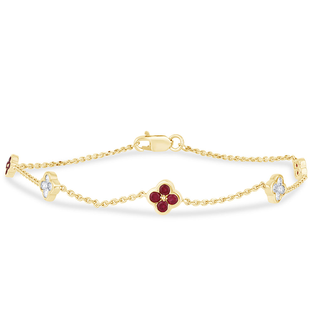 SPECIAL! .50ct G SI 14K Yellow Gold Diamond & Ruby Gemstones Flower Bracelet 7" Long