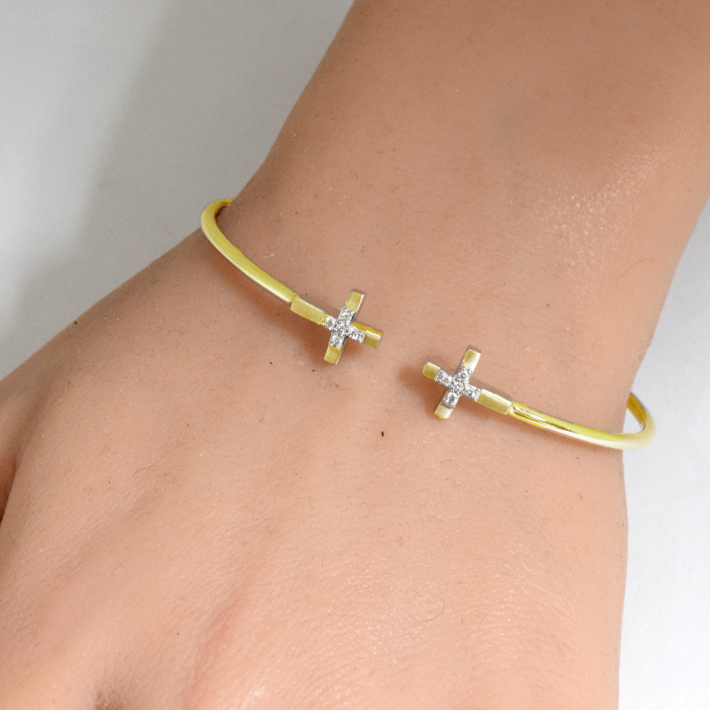 SPECIAL! .10ct G SI 14K Yellow Gold Diamond Flexible Cross Open Bangle Bracelet