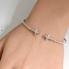 SPECIAL! .10ct G SI 14K White Gold Diamond Flexible Cross Open Bangle Bracelet