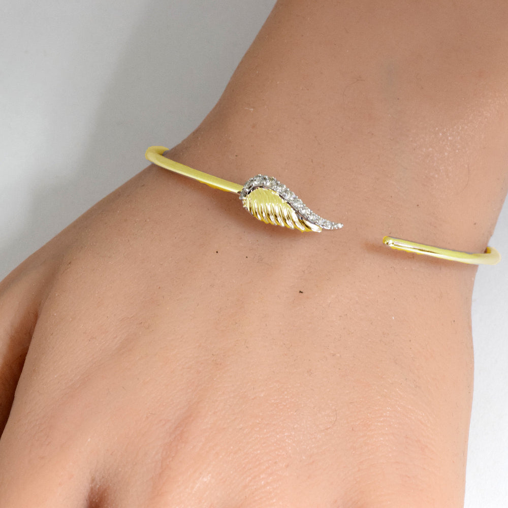 SPECIAL! .20ct G SI 14K Yellow Gold Diamond Flexible Leaf Open Bangle Bracelet