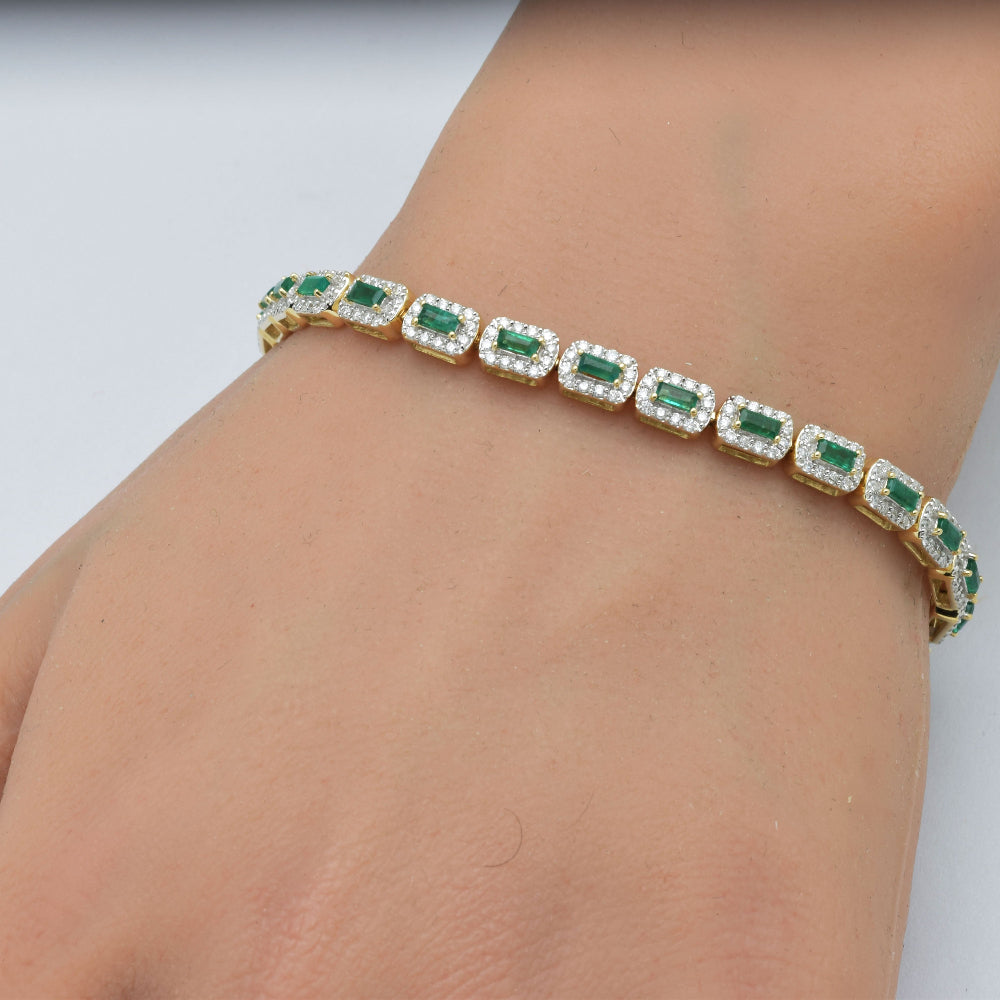 SPECIAL! 3.71ct G SI 14K Yellow Gold Diamond & Emerald Gemstones Bracelet 7" Long