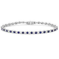 SPECIAL! 3.28ct G SI 14K White Gold Diamond & Blue Sapphire Gemstones Tennis Bracelet 7" Long