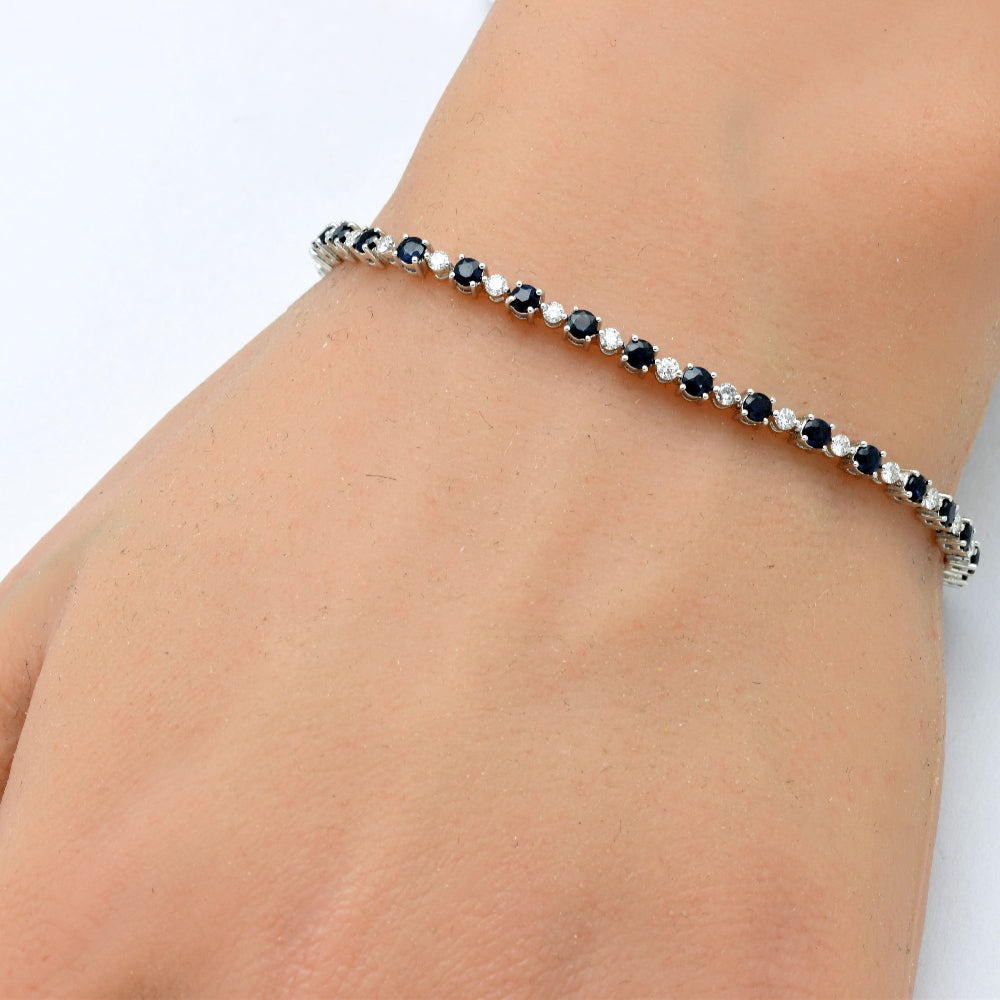 SPECIAL! 3.28ct G SI 14K White Gold Diamond & Blue Sapphire Gemstones Tennis Bracelet 7" Long