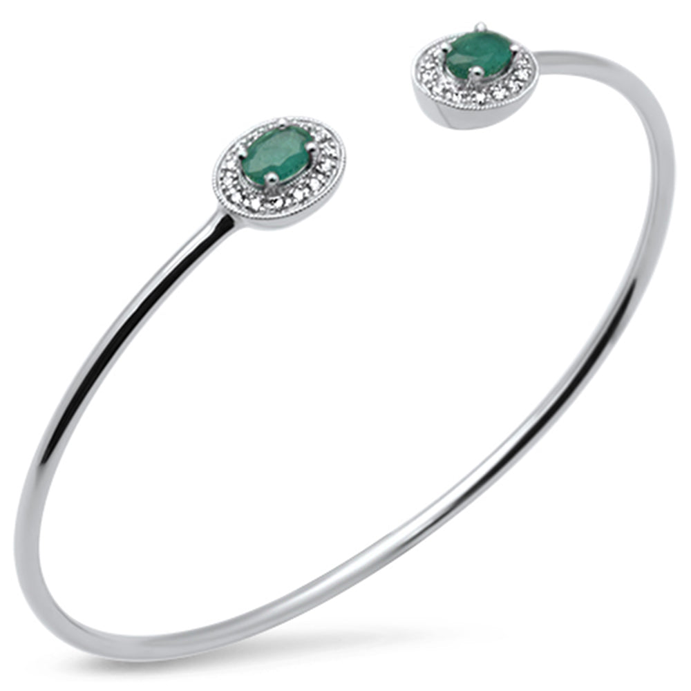 SPECIAL!1.04ct G SI 14K White Gold Diamond & Green Emerald Flexible Open Bangle Bracelet 7"