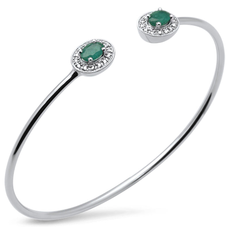 SPECIAL!1.04ct G SI 14K White Gold Diamond & Green Emerald Flexible Open Bangle Bracelet 7"