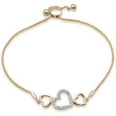 SPECIAL!.05ct G SI 14K Two Tone Gold Diamond Heart Shapes Adjustable Bola Bracelet 7.25" Long Adjustable