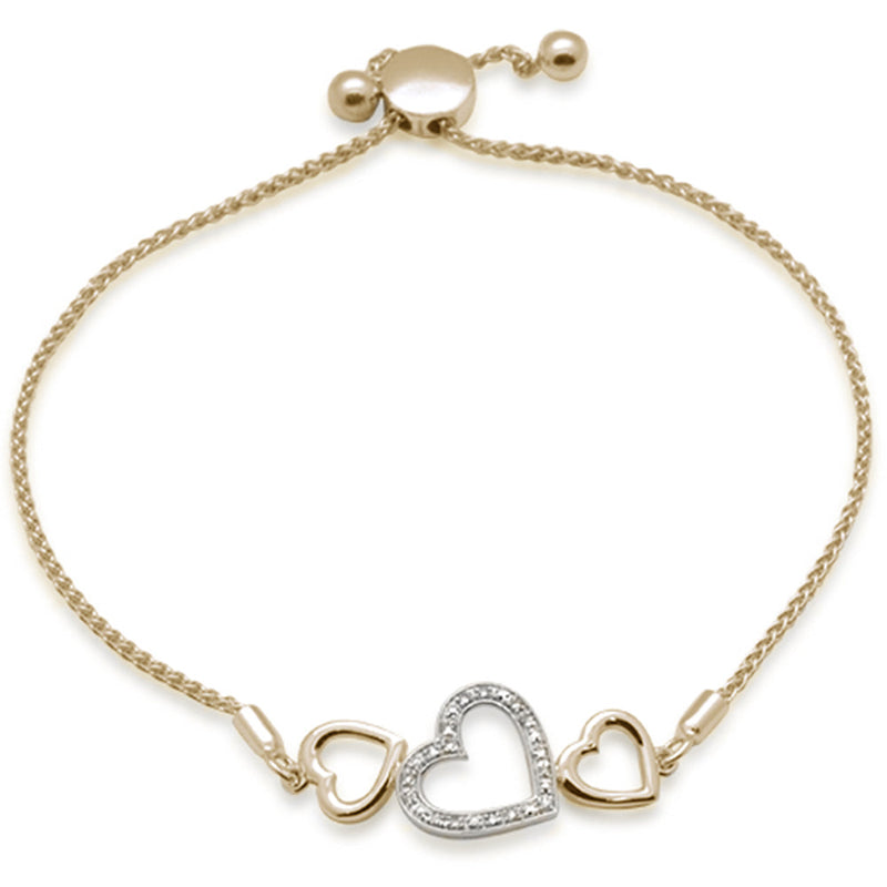 SPECIAL!.05ct G SI 14K Two Tone Gold Diamond Heart Shapes Adjustable Bola Bracelet 7.25" Long Adjustable