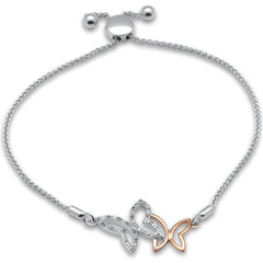 SPECIAL!.05ct G SI 14K Two Tone Gold Diamond Butterfly Adjustable Bola Bracelet 7.25" Long Adjustable