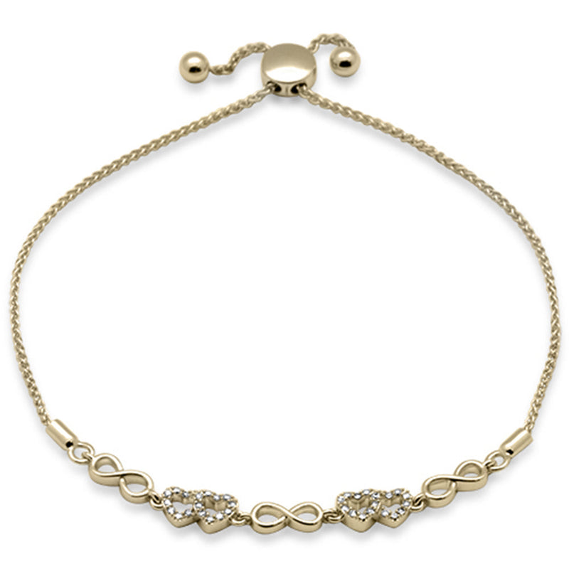SPECIAL!.09ct G SI 14K Yellow Gold Diamond Infinty & Heart Adjustable Bola Bracelet 7.25" Long Adjustable