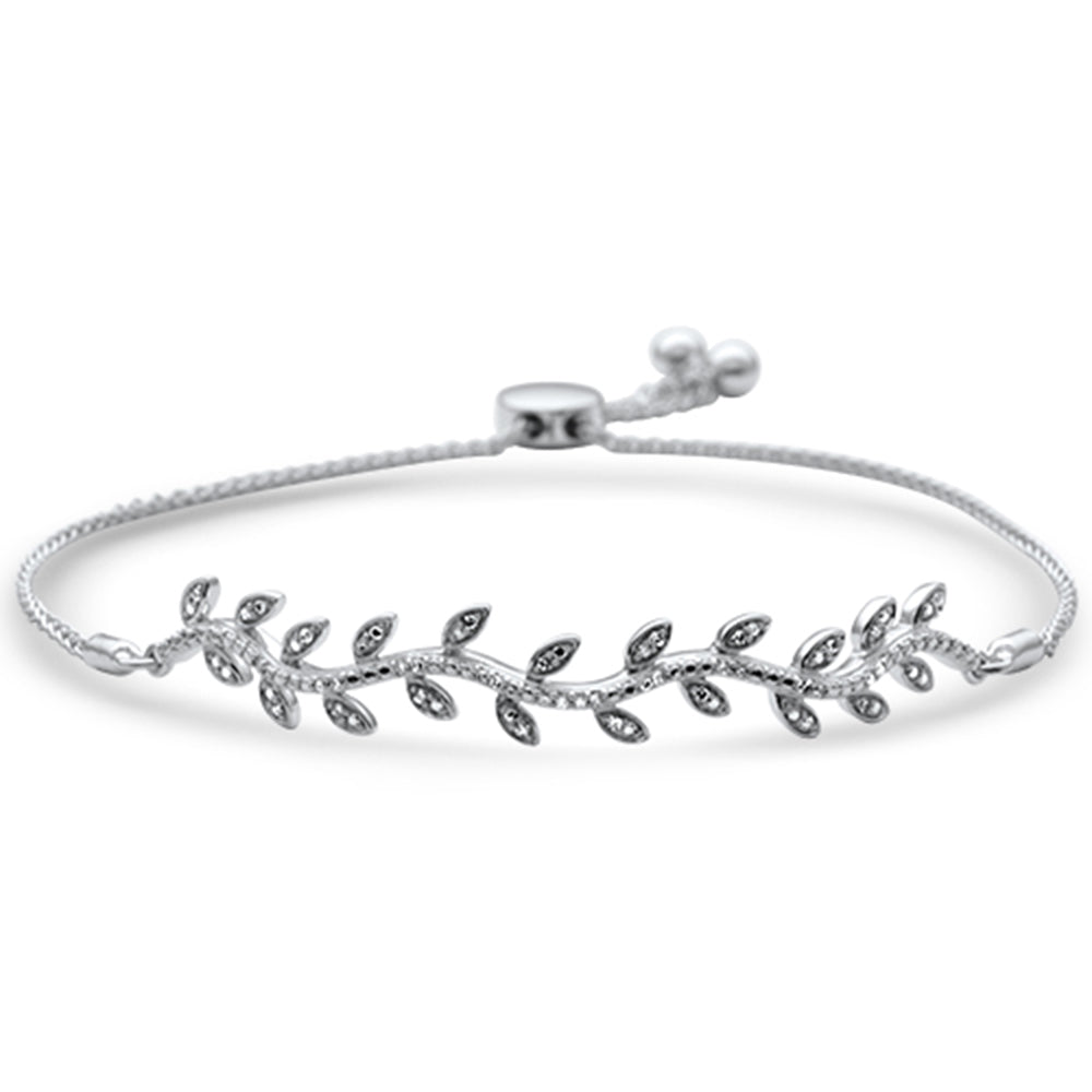 SPECIAL!.10ct G SI 14K White Gold Diamond Leaf Adjustable Bola Bracelet 7.25" Long Adjustable