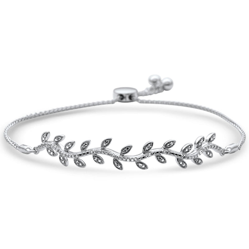 SPECIAL!.10ct G SI 14K White Gold Diamond Leaf Adjustable Bola Bracelet 7.25" Long Adjustable