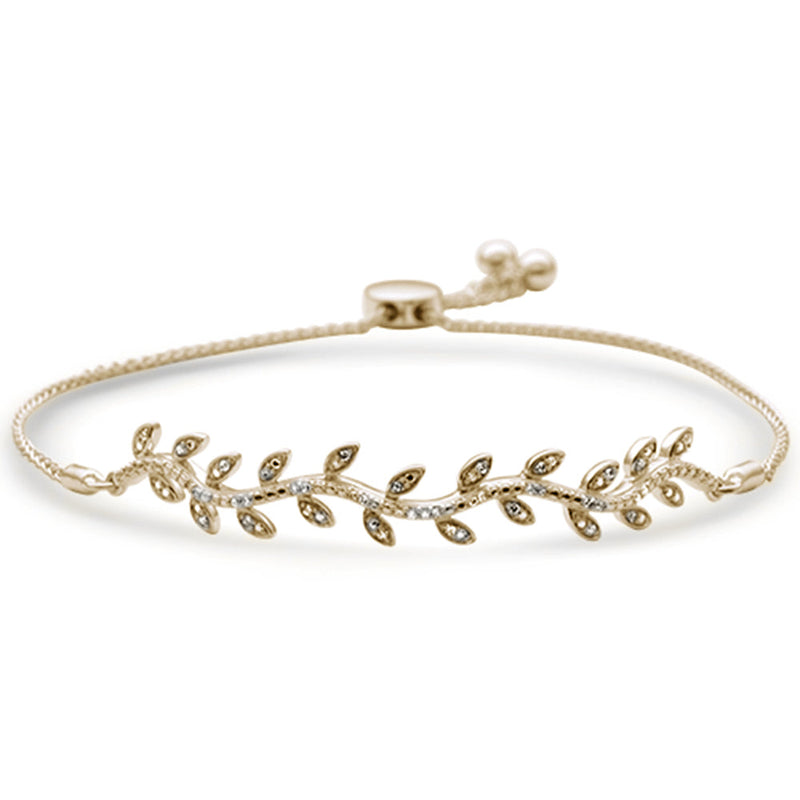 SPECIAL!.10ct G SI 14K Yellow Gold Diamond Leaf Adjustable Bola Bracelet 7.25" Long Adjustable