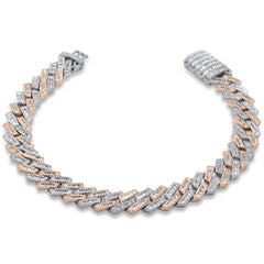 SPECIAL! 9mm 3.14ct G SI 14K Two Tone Rose & White Gold Round & Baguette Diamond Square Cuban Bracelet 8" Long