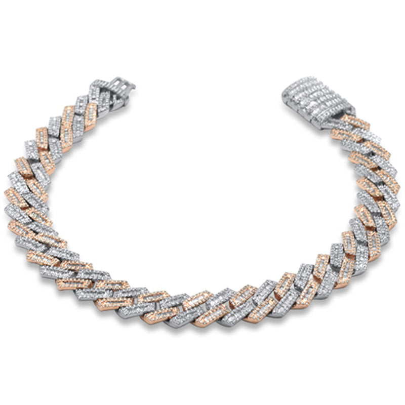 SPECIAL! 9mm 3.14ct G SI 14K Two Tone Rose & White Gold Round & Baguette Diamond Square Cuban Bracelet 8" Long
