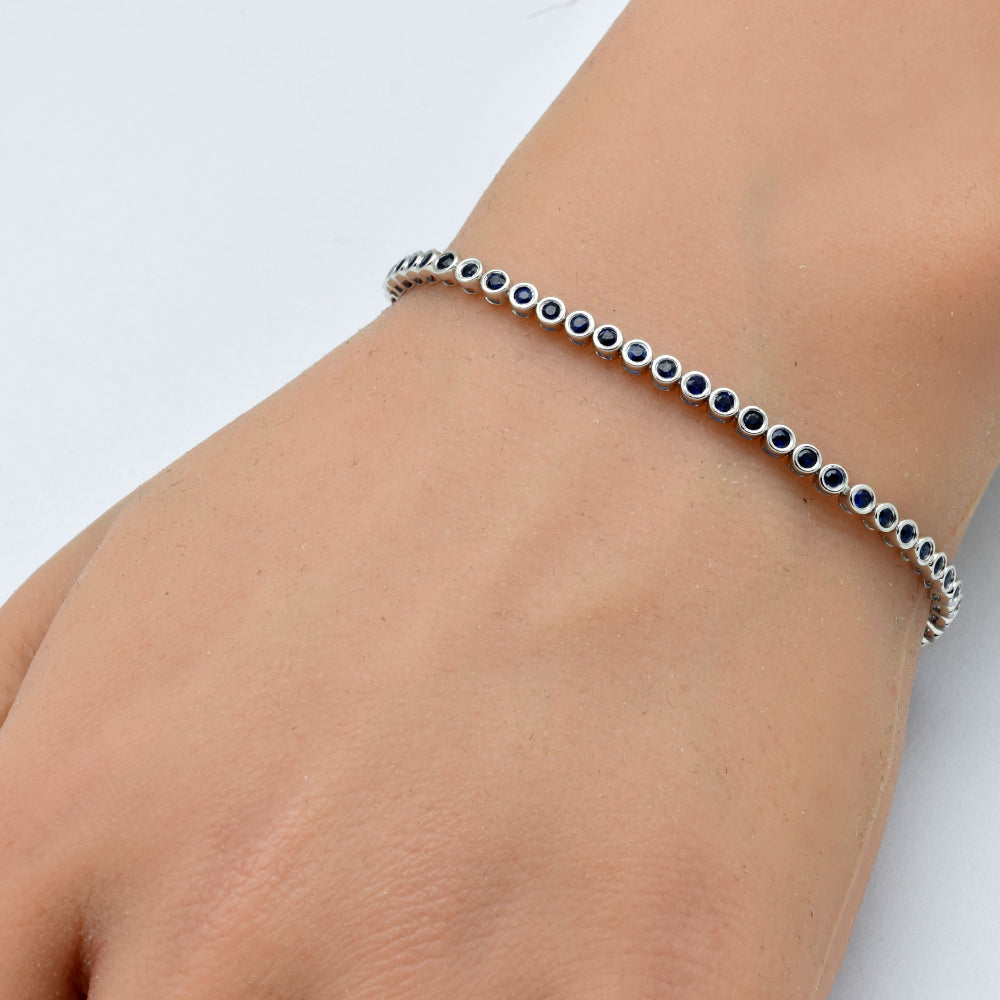 SPECIAL!1.92ct G SI 14K White Gold Diamond Bezel Set Blue Sapphire Gemstones Tennis Bracelet 7" Long
