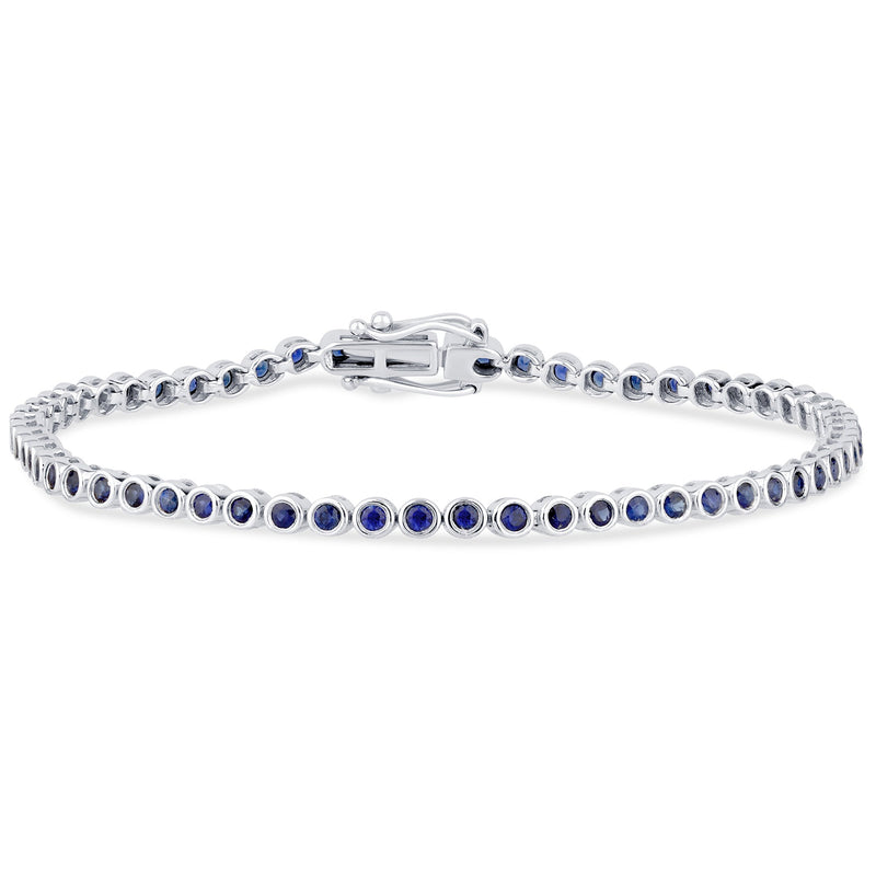 SPECIAL!1.92ct G SI 14K White Gold Diamond Bezel Set Blue Sapphire Gemstones Tennis Bracelet 7" Long