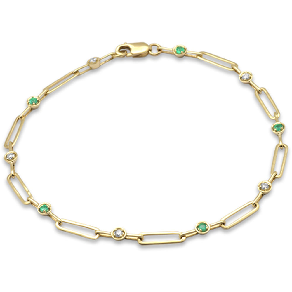 SPECIAL! .23ct G SI 14K Yellow Gold Diamond Emerald Gemstones Paper Clip Bracelet 7" Long