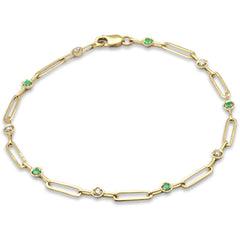 SPECIAL! .23ct G SI 14K Yellow Gold Diamond Emerald Gemstones Paper Clip Bracelet 7" Long
