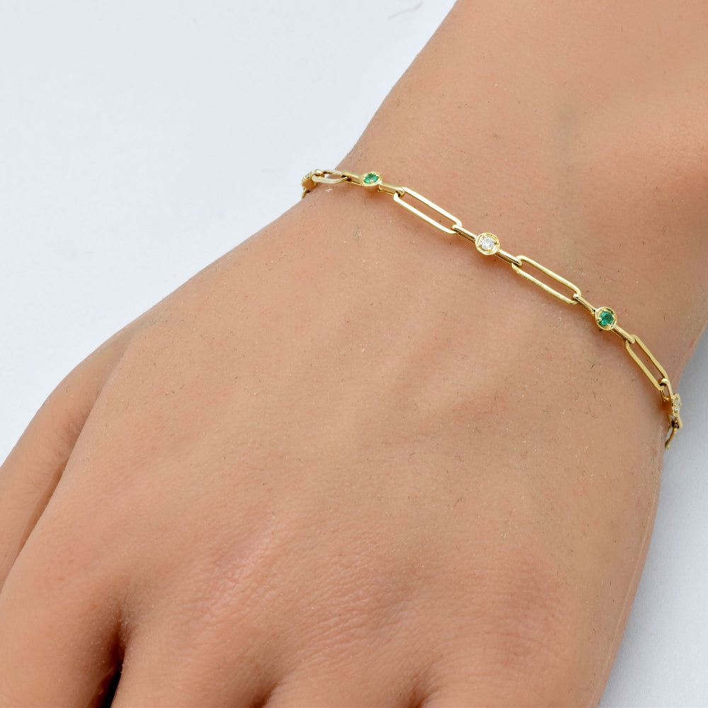 SPECIAL! .23ct G SI 14K Yellow Gold Diamond Emerald Gemstones Paper Clip Bracelet 7" Long