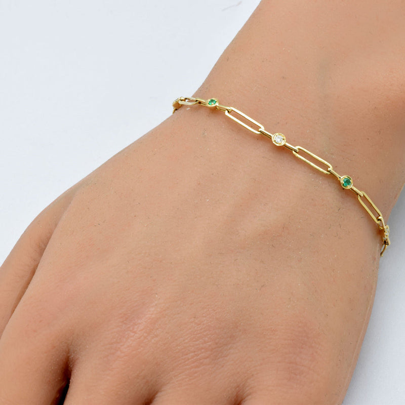 SPECIAL! .23ct G SI 14K Yellow Gold Diamond Emerald Gemstones Paper Clip Bracelet 7" Long