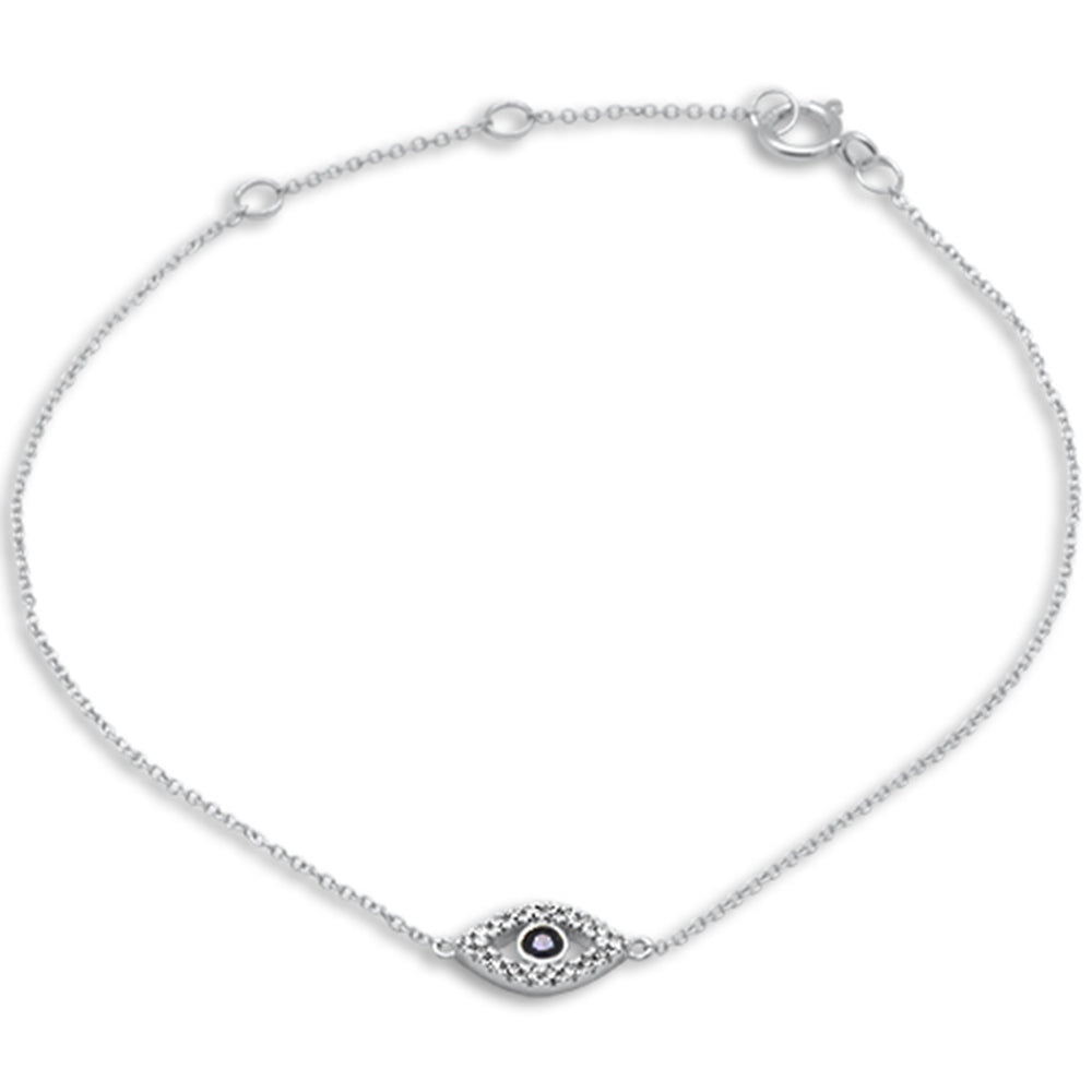 .12ct G SI 14K White Gold Diamond & Blue Sapphire Gemstones Evil Eye Bracelet 7" Long Adjustable