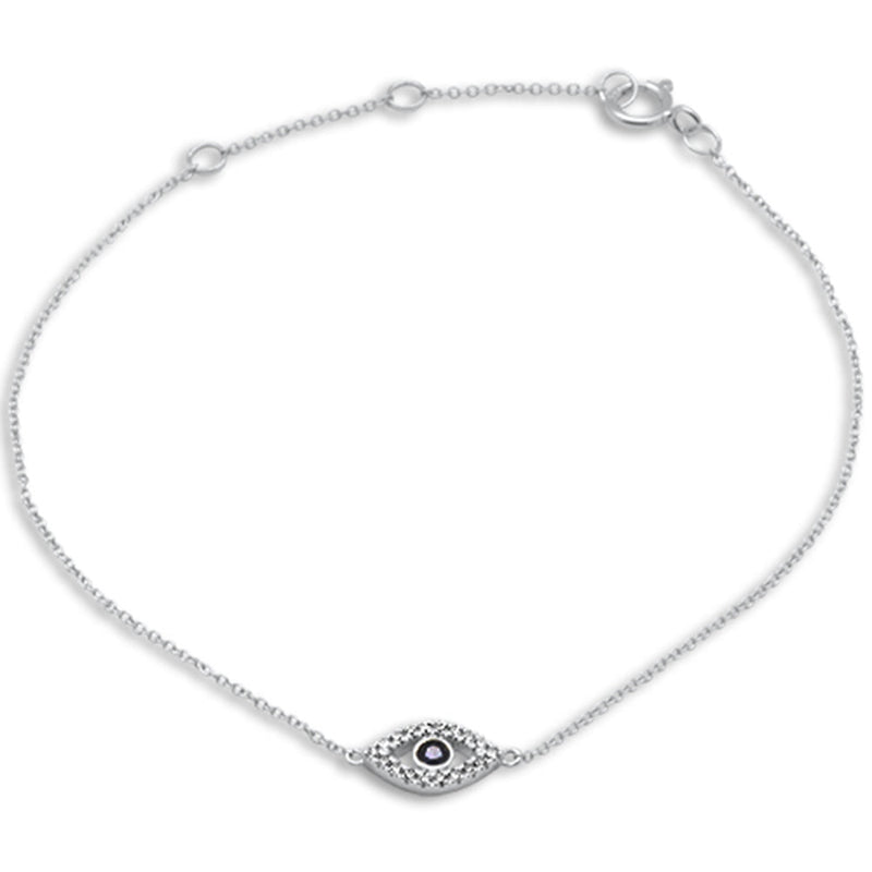 .12ct G SI 14K White Gold Diamond & Blue Sapphire Gemstones Evil Eye Bracelet 7" Long Adjustable