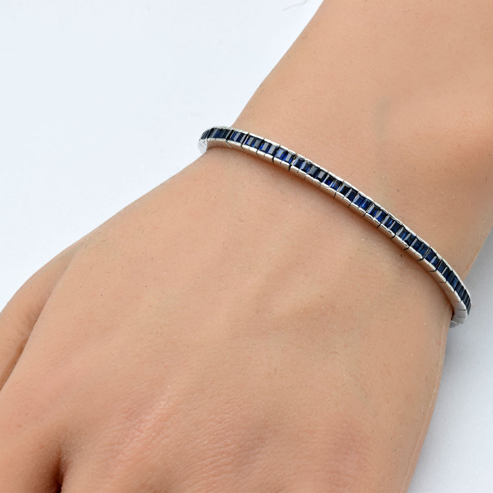 SPECIAL! 6.41ct G SI 14K White Gold Blue Sapphire Gemstones Bracelet 7" Long
