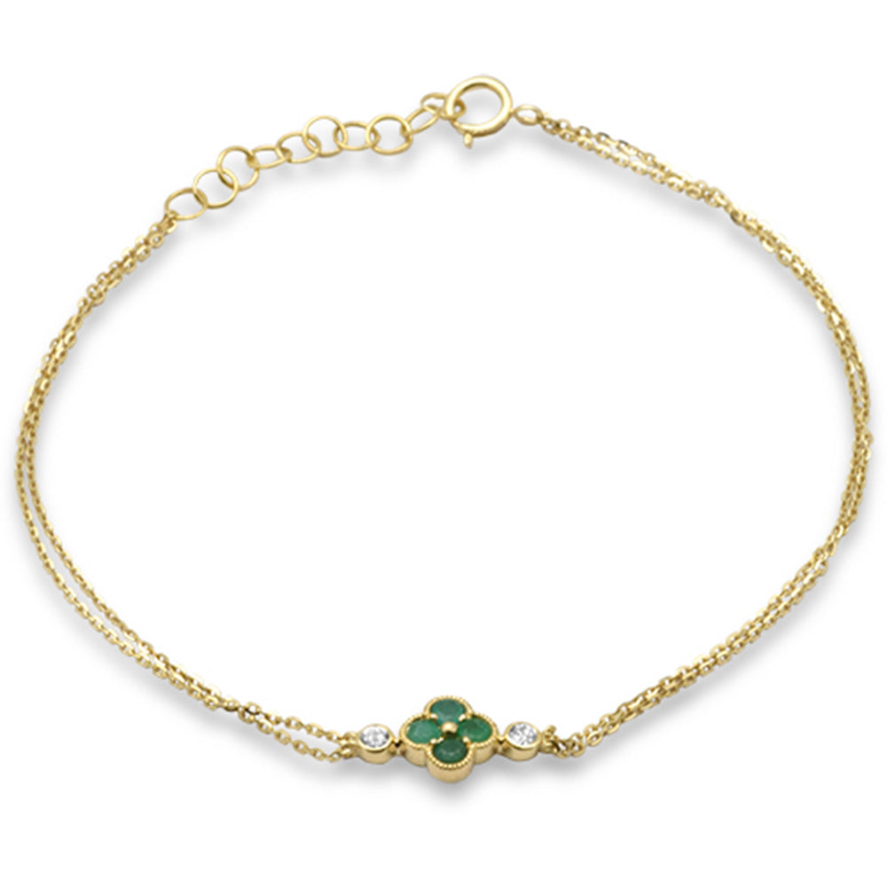 SPECIAL! .21ct G SI 14K Yellow Gold Diamond & Emerald Gemstones Clover Chain Bracelet 7.25" Long Adjustable