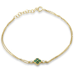 SPECIAL! .21ct G SI 14K Yellow Gold Diamond & Emerald Gemstones Clover Chain Bracelet 7.25" Long Adjustable