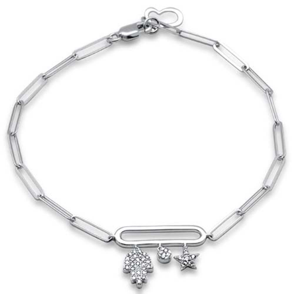 SPECIAL! .22ct G SI 14K White Gold Diamond Hamsa Paperclip Bracelet 7.25" Long