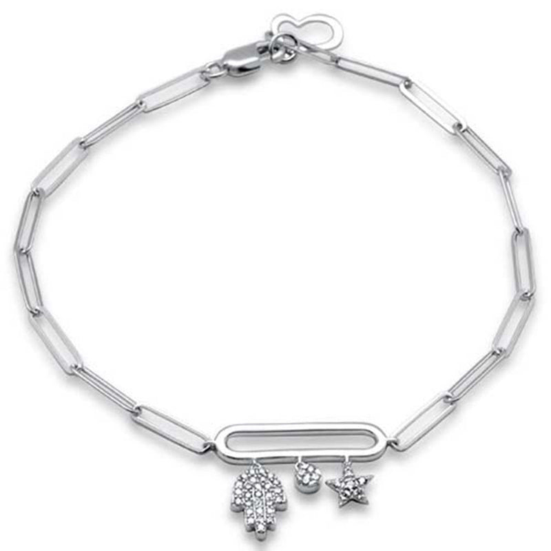 SPECIAL! .22ct G SI 14K White Gold Diamond Hamsa Paperclip Bracelet 7.25" Long